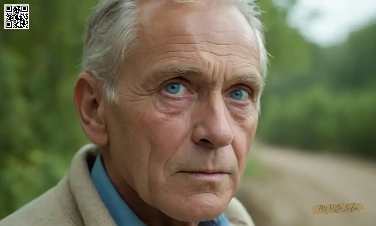 Un retrato fotorrealista muestra a un hombre mayor con piel templada y ojos azules tiernos. Su expresión serena exude la sabiduría mientras mira cuidadosamente a la distancia desde un ángulo bajo, transmitiendo tanto la introspección como la resiliencia entre las experiencias de las vidas capturadas junto con vibrantes texturas y colores vivos modernos.