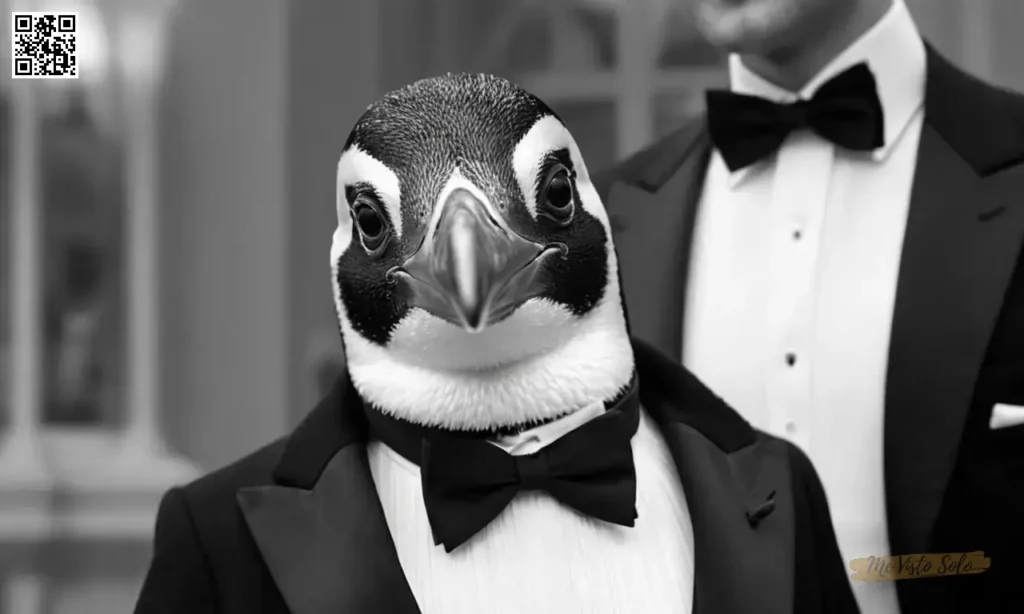 Un retrato fotorrealista muestra un pingüino elegante con un elegante traje de esmoquin como negro y blanco y accesorios intrincados que reflejan diseños de moda vintage. Con una expresión sabia