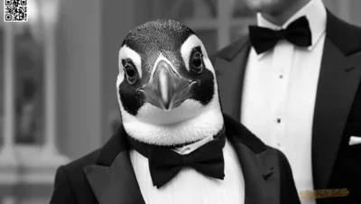 Un retrato fotorrealista muestra un pingüino elegante con un elegante traje de esmoquin como negro y blanco y accesorios intrincados que reflejan diseños de moda vintage. Con una expresión sabia