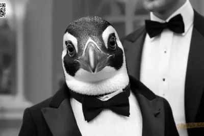 Un retrato fotorrealista muestra un pingüino elegante con un elegante traje de esmoquin como negro y blanco y accesorios intrincados que reflejan diseños de moda vintage. Con una expresión sabia