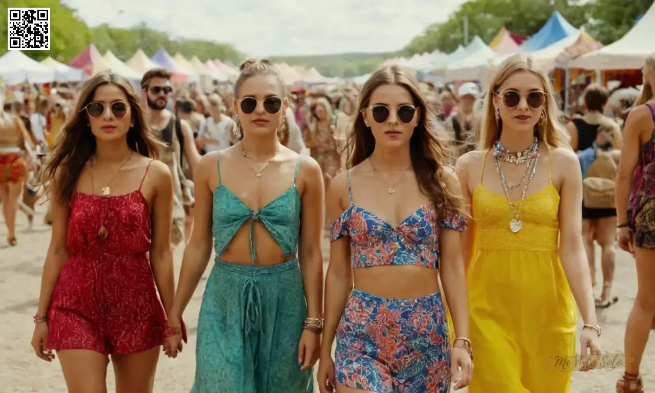 Capturar un retrato ultra-realista en un estilo hiperrealista desde arriba del nivel del hombro de una mujer de mediana edad disfrutando de la música en un festival animado, con prendas coloridas mezclando armoniosamente.