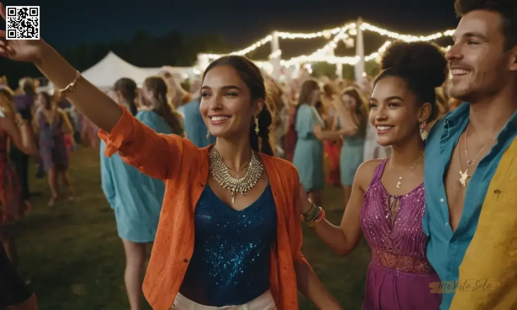 Cree un atractivo retrato fotorrealista que muestre vibrantes trajes y accesorios coloridos en un festival de música al aire libre mientras captura interacciones dinámicas entre amigos bailando juntos bajo el cielo estrellado de la noche.