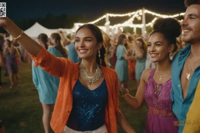 Cree un atractivo retrato fotorrealista que muestre vibrantes trajes y accesorios coloridos en un festival de música al aire libre mientras captura interacciones dinámicas entre amigos bailando juntos bajo el cielo estrellado de la noche.