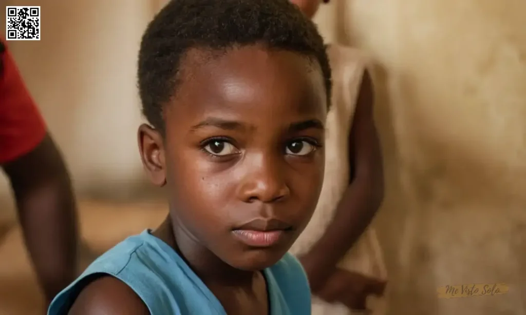 Un retrato fotorrealista captura a un niño africano mirada expresiva y curiosa desde una perspectiva de acercamiento en su entorno familiar en medio del vibrante caos del patrimonio cultural y la tecnología.