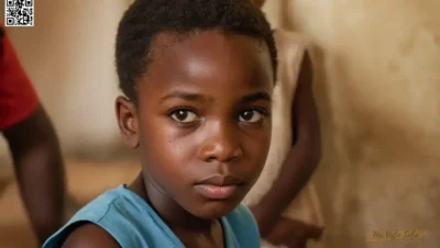 Un retrato fotorrealista captura a un niño africano mirada expresiva y curiosa desde una perspectiva de acercamiento en su entorno familiar en medio del vibrante caos del patrimonio cultural y la tecnología.