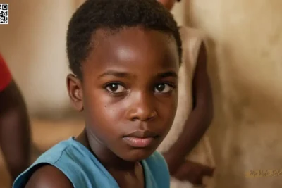 Un retrato fotorrealista captura a un niño africano mirada expresiva y curiosa desde una perspectiva de acercamiento en su entorno familiar en medio del vibrante caos del patrimonio cultural y la tecnología.